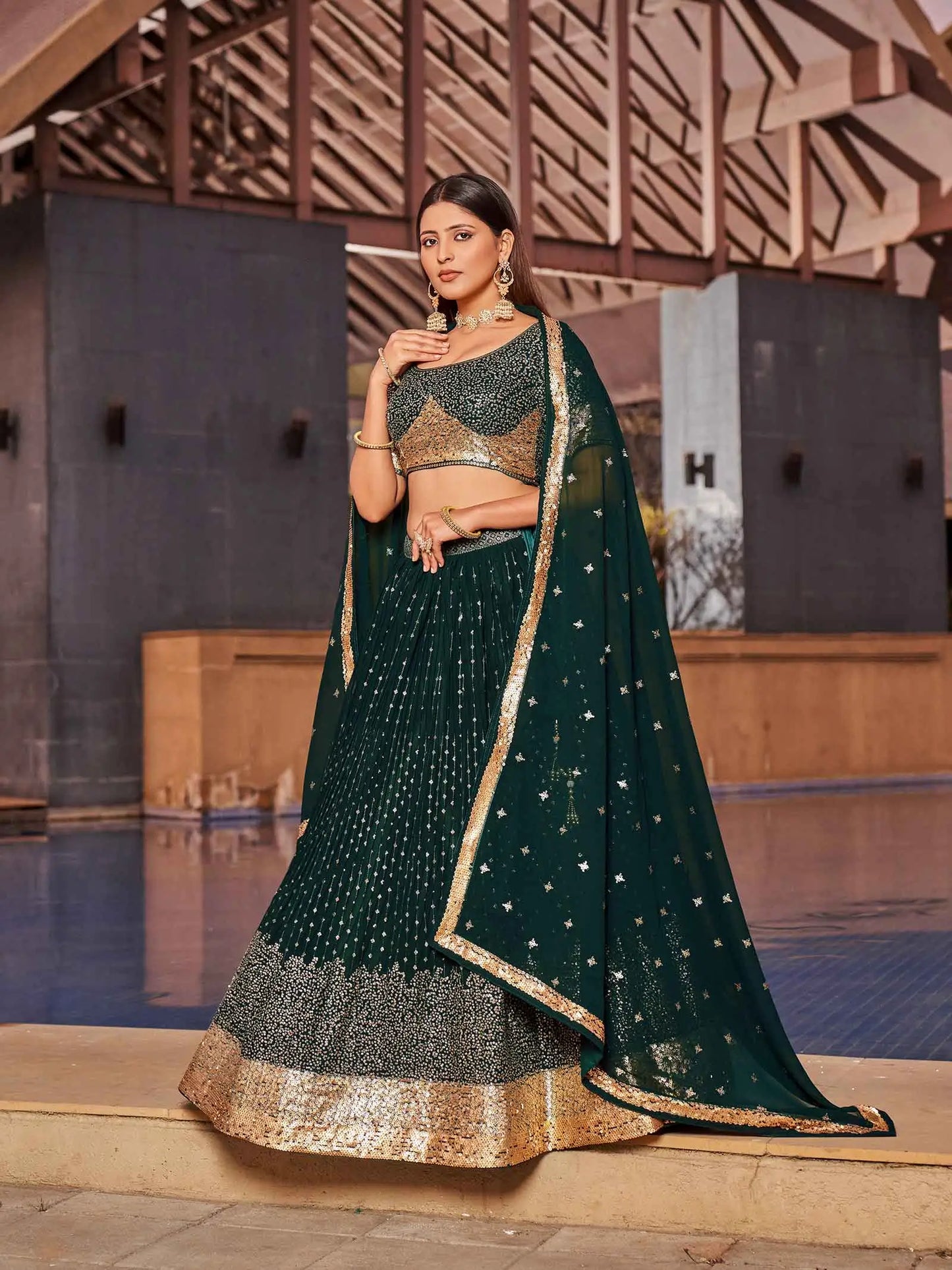 Green Georgette Lehenga With Multiple Sequins  And Thread Embroidery Work
