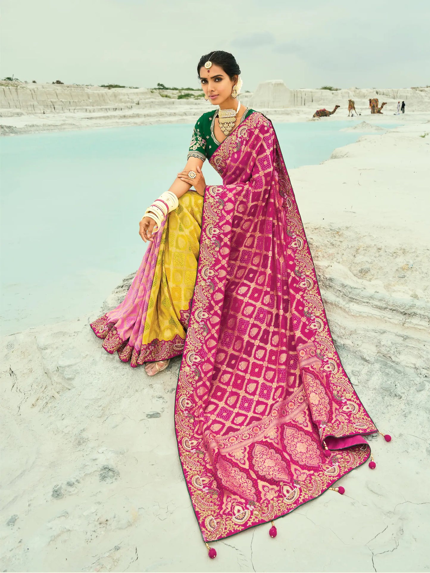 Pink-Yelllow Georgette Heavy Embroidered Bandhej Saree