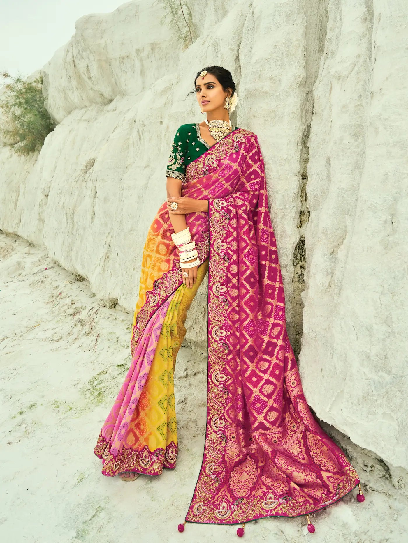 Pink-Yelllow Georgette Heavy Embroidered Bandhej Saree