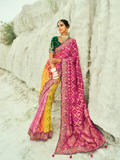 Pink-Yelllow Georgette Heavy Embroidered Bandhej Saree