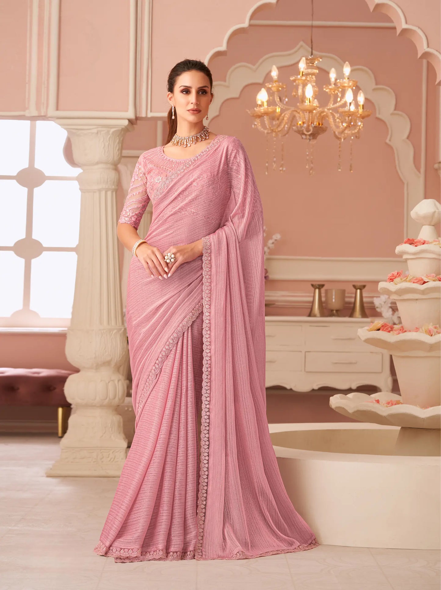Light Pink Golden Pattern Georgette Thread & Sequins Embroidery Work Saree