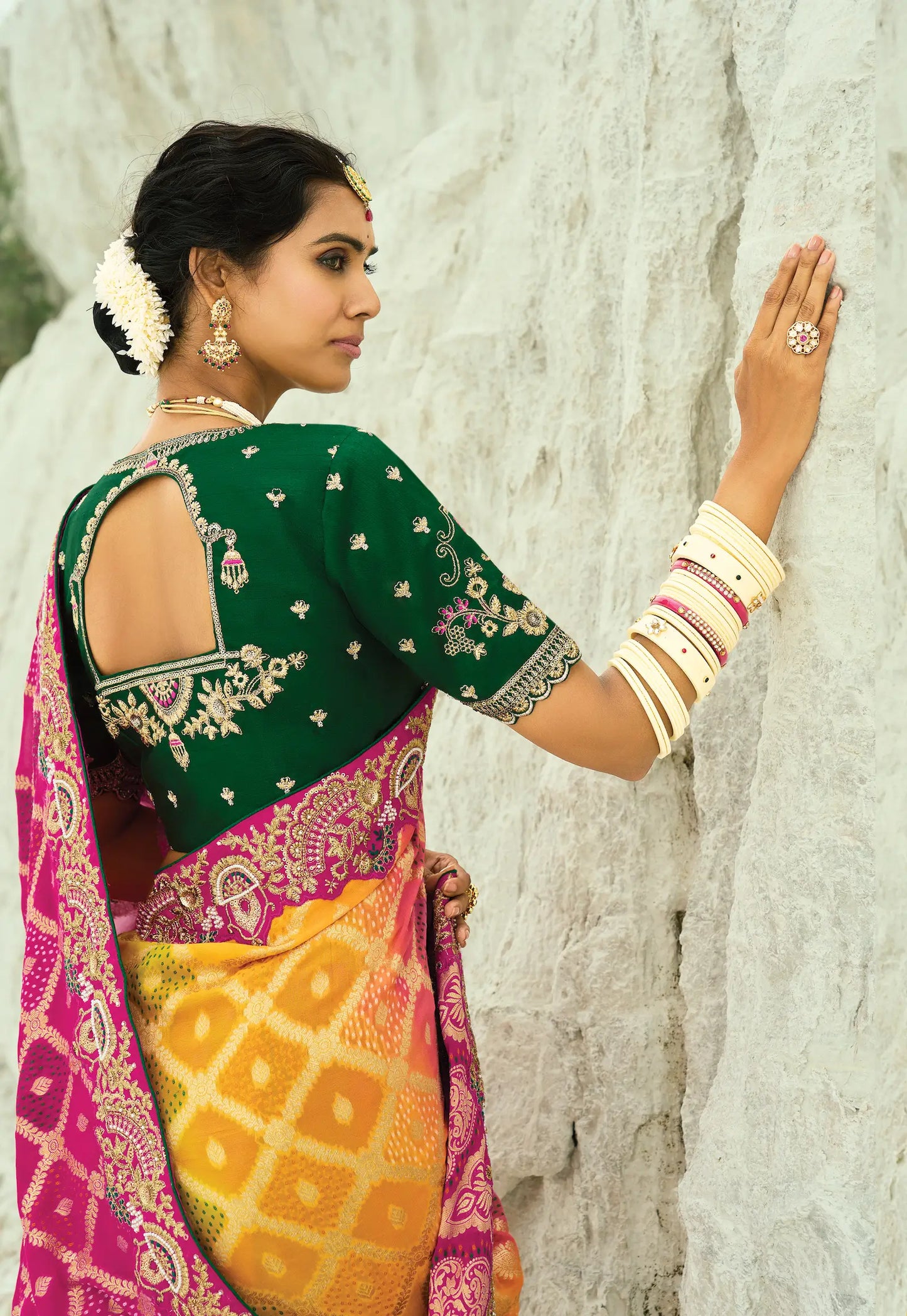 Pink-Yelllow Georgette Heavy Embroidered Bandhej Saree