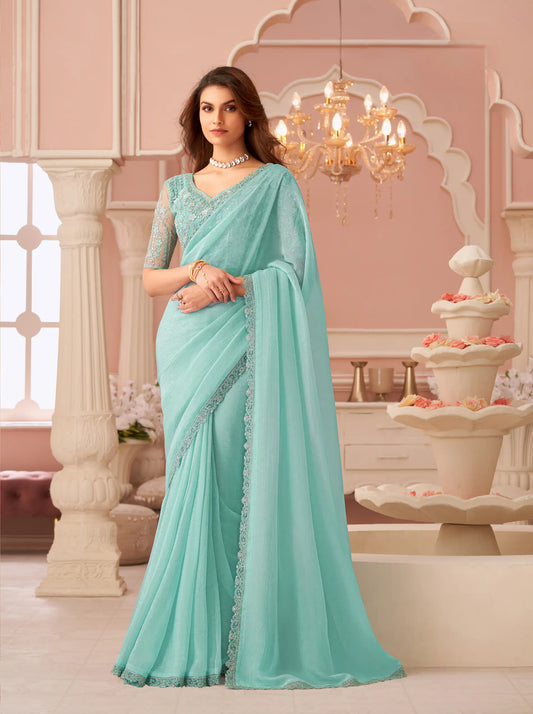 Sky Blue Sunshine Georgette Thread & Sequins Embroidery Work Saree