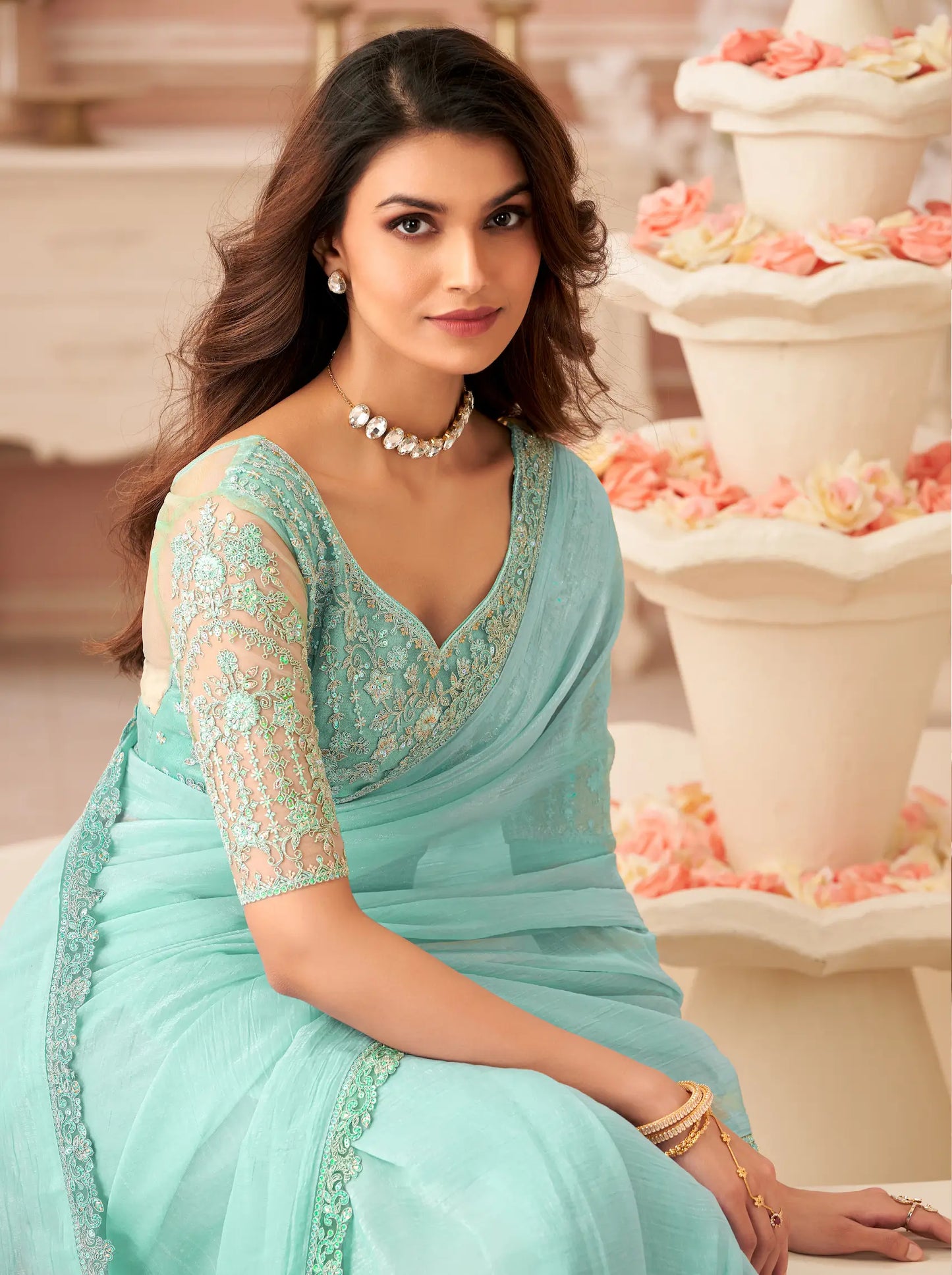 Sky Blue Sunshine Georgette Thread & Sequins Embroidery Work Saree