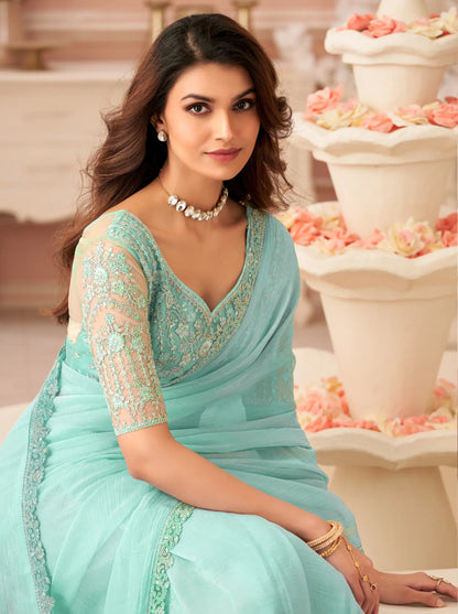 Sky Blue Sunshine Georgette Thread & Sequins Embroidery Work Saree