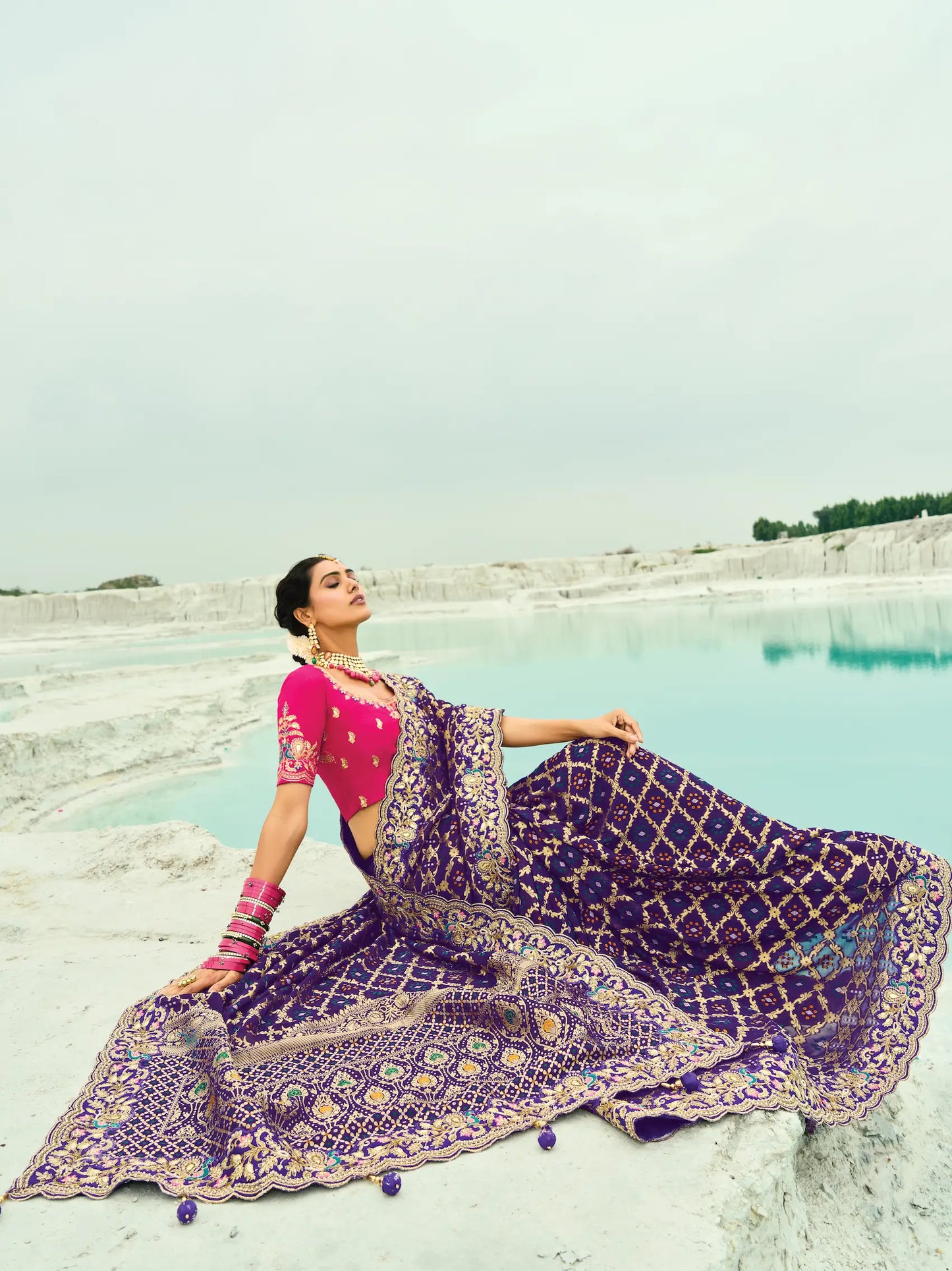 Dark Purple Georgette Heavy Embroidered Bandhej Saree