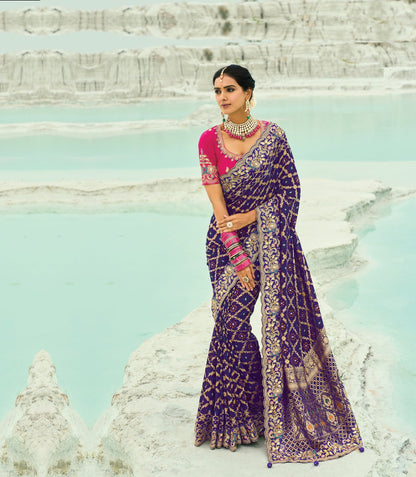 Dark Purple Georgette Heavy Embroidered Bandhej Saree