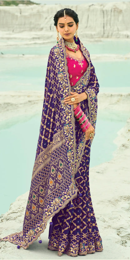 Dark Purple Georgette Heavy Embroidered Bandhej Saree