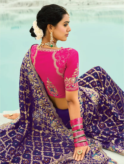 Dark Purple Georgette Heavy Embroidered Bandhej Saree