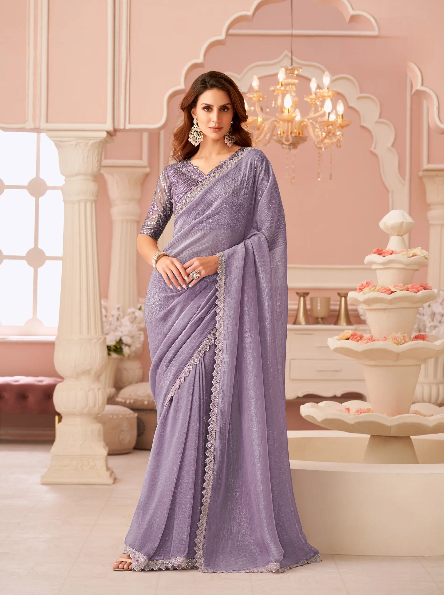 Lavender Rainbow Georgette Thread & Sequins Embroidery Work Saree