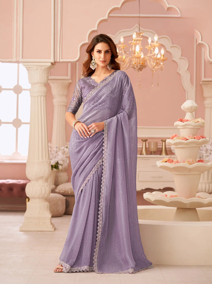 Lavender Rainbow Georgette Thread & Sequins Embroidery Work Saree