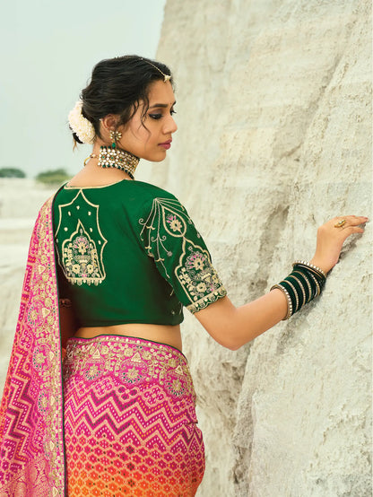 Orange-Rani pink Georgette Heavy Embroidered Bandhej Saree