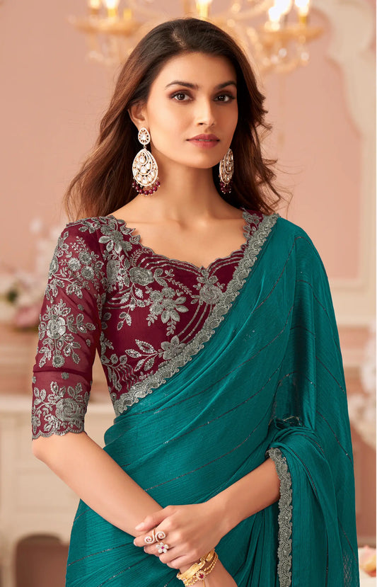 Teal Blue Golden Pattern Georgette Thread & Sequins Embroidery Work Saree