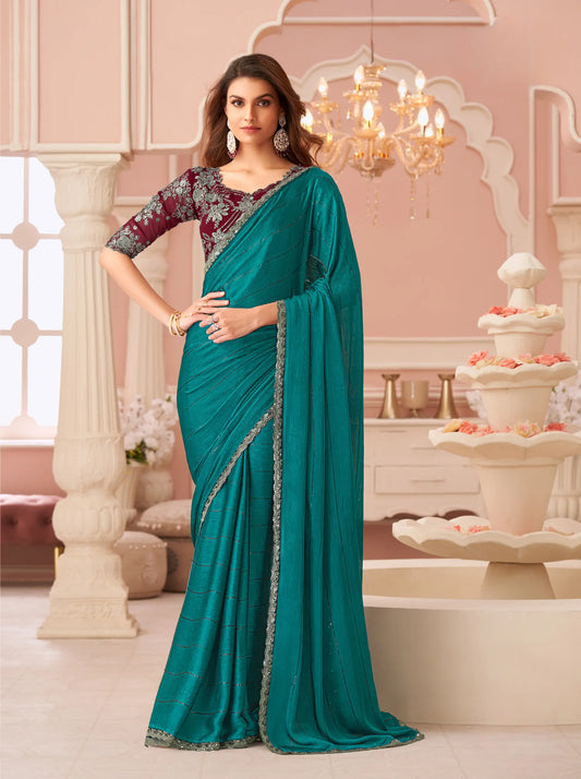 Teal Blue Golden Pattern Georgette Thread & Sequins Embroidery Work Saree