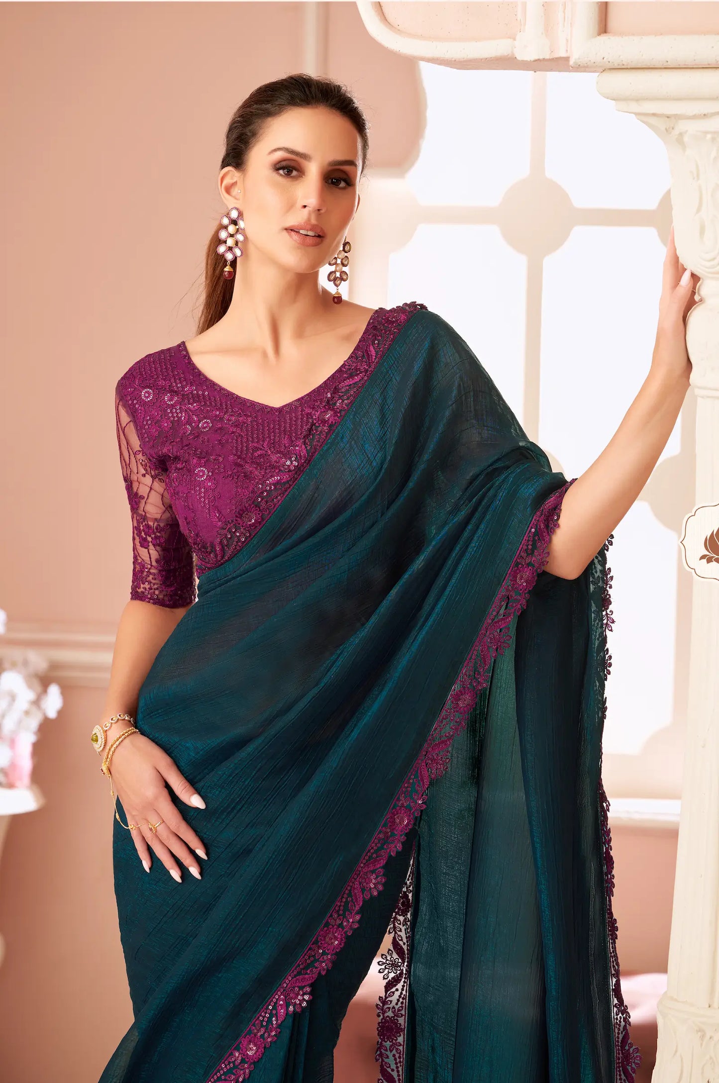 Peacock Blue Rainbow Georgette Thread & Sequins Embroidery Work Saree