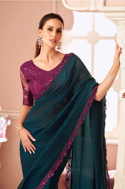 Peacock Blue Rainbow Georgette Thread & Sequins Embroidery Work Saree