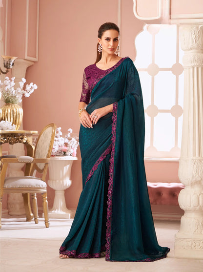 Peacock Blue Rainbow Georgette Thread & Sequins Embroidery Work Saree