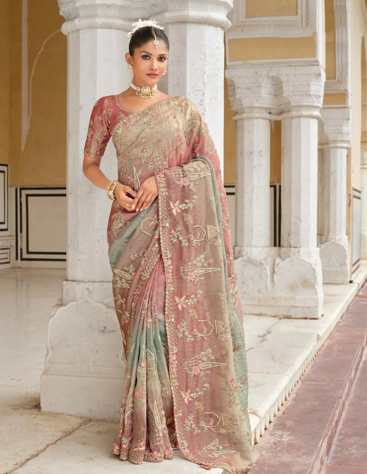 Pink-Beige Heavy Embroidery Zari Silk Saree