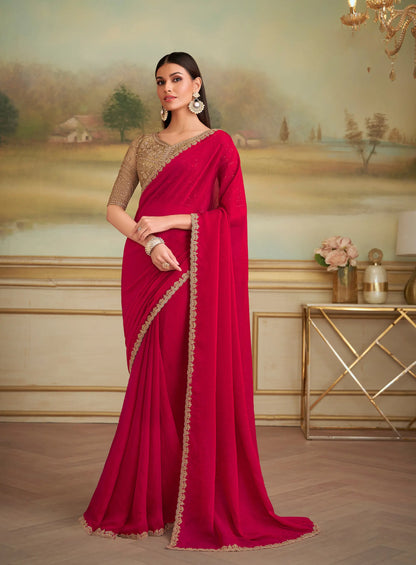 Cherry Red Shining Georgette Embroidery Saree