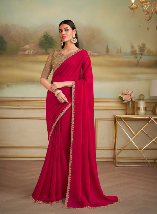 Cherry Red Shining Georgette Embroidery Saree