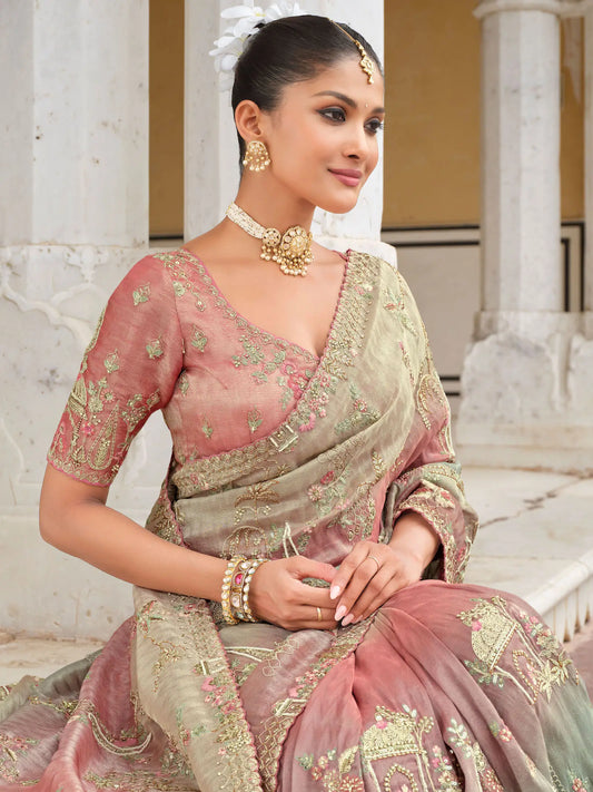 Pink-Beige Heavy Embroidery Zari Silk Saree