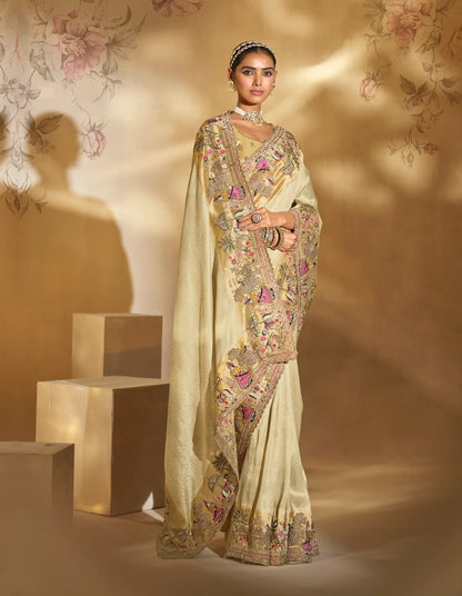 Beige Silk Heavy Embroidery & Hand Work Saree