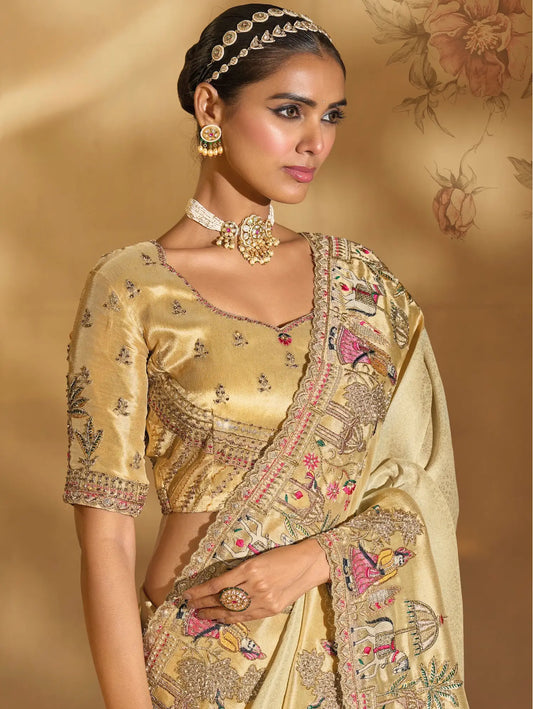 Beige Silk Heavy Embroidery & Hand Work Saree