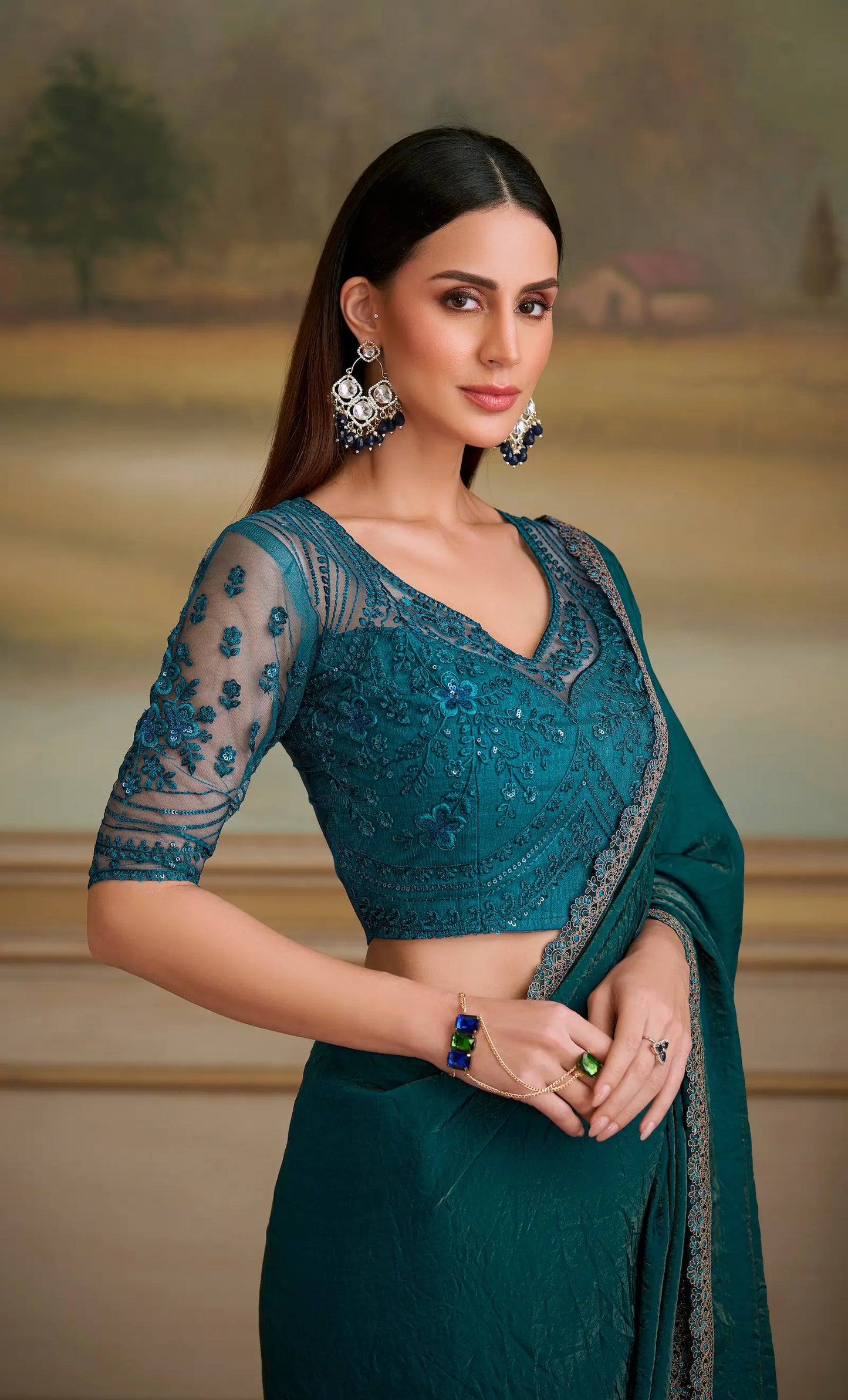 Bottle Green Twilight Georgette Embroidery Saree
