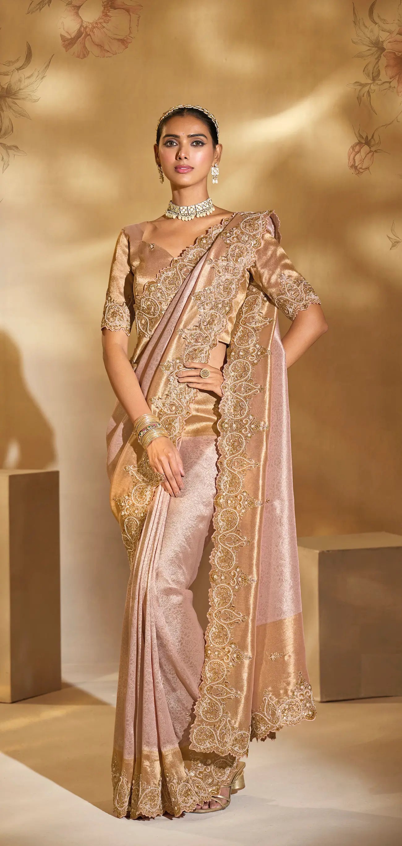 Blush Pink Silk Heavy Embroidery & Hand Work Saree