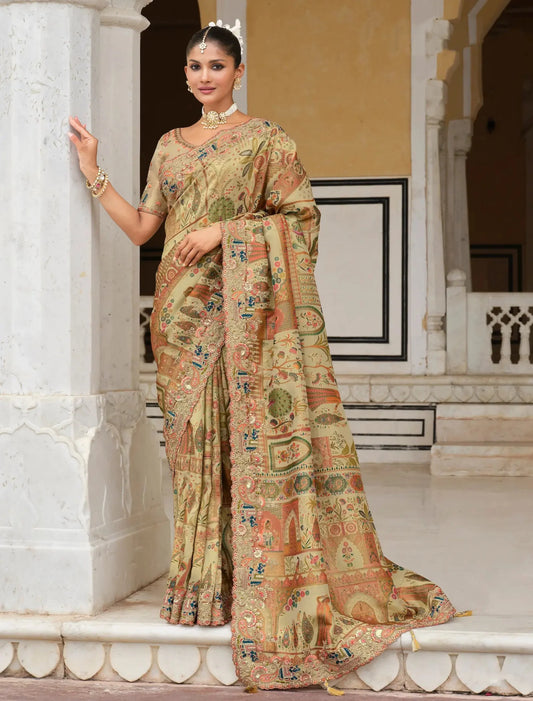 Antique Beige Heavy Embroidery Zari Silk Saree