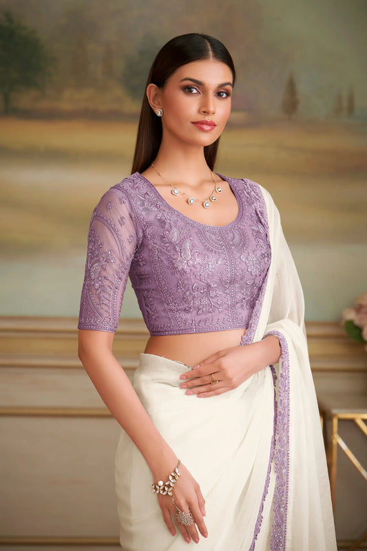 Pearl White Sparkle Georgette Embroidery Saree