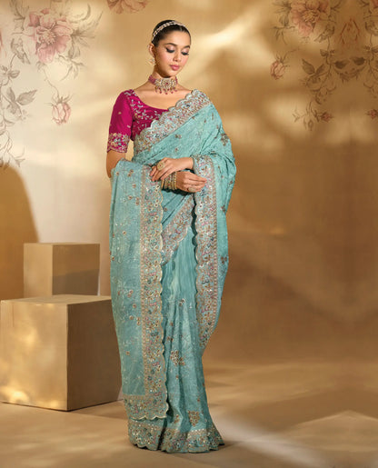 Sea Blue Silk Heavy Embroidery & Hand Work Saree