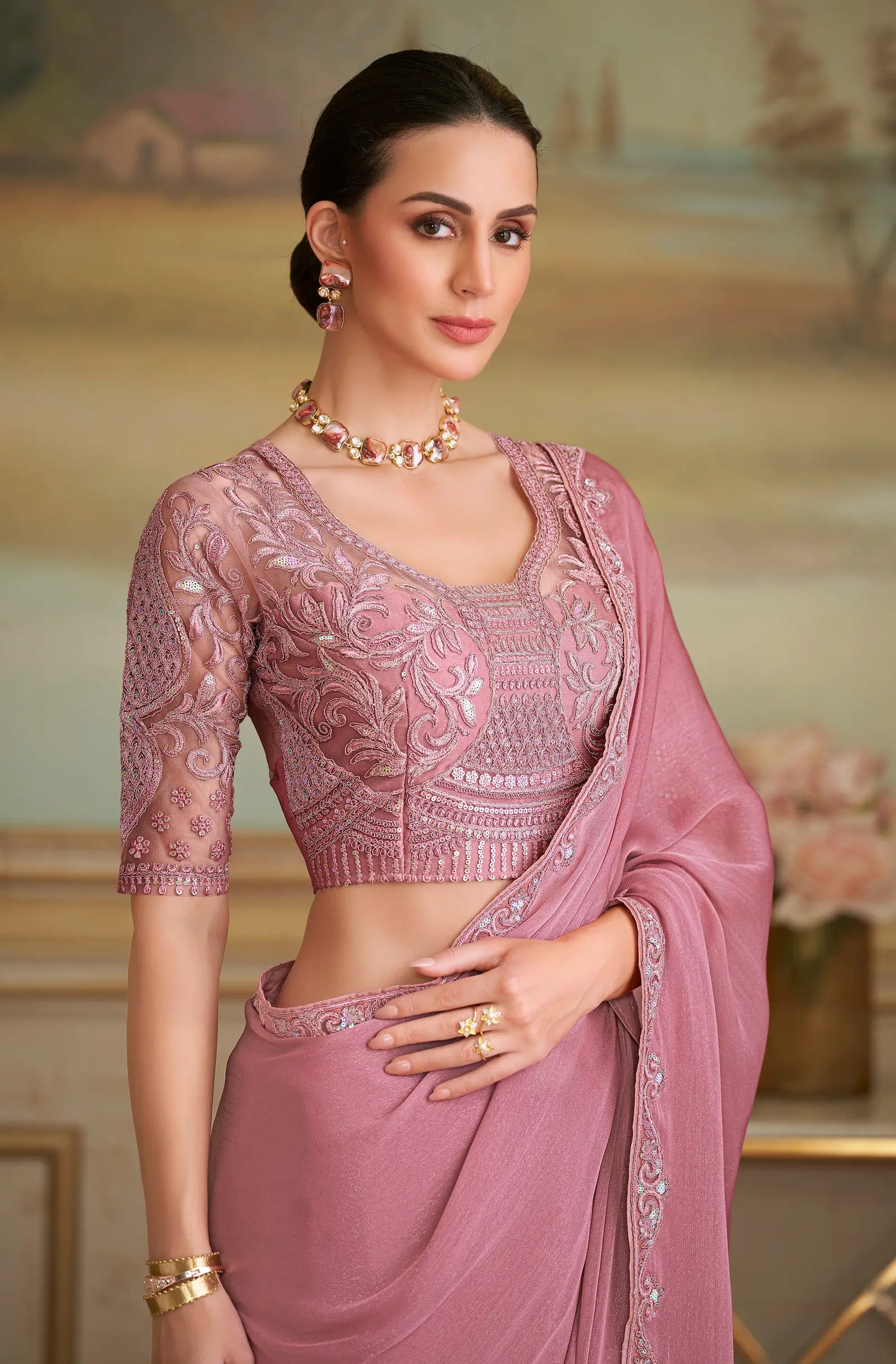Onion Pink Sparkle Georgette Embroidery Saree