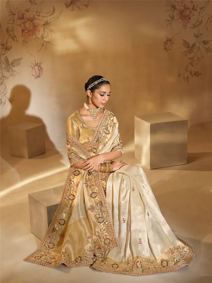 Almond Beige Silk Heavy Embroidery & Hand Work Saree