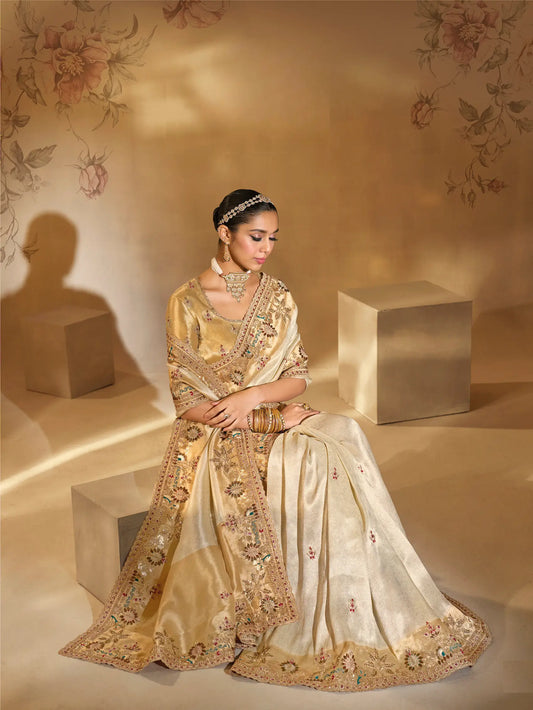 Almond Beige Silk Heavy Embroidery & Hand Work Saree