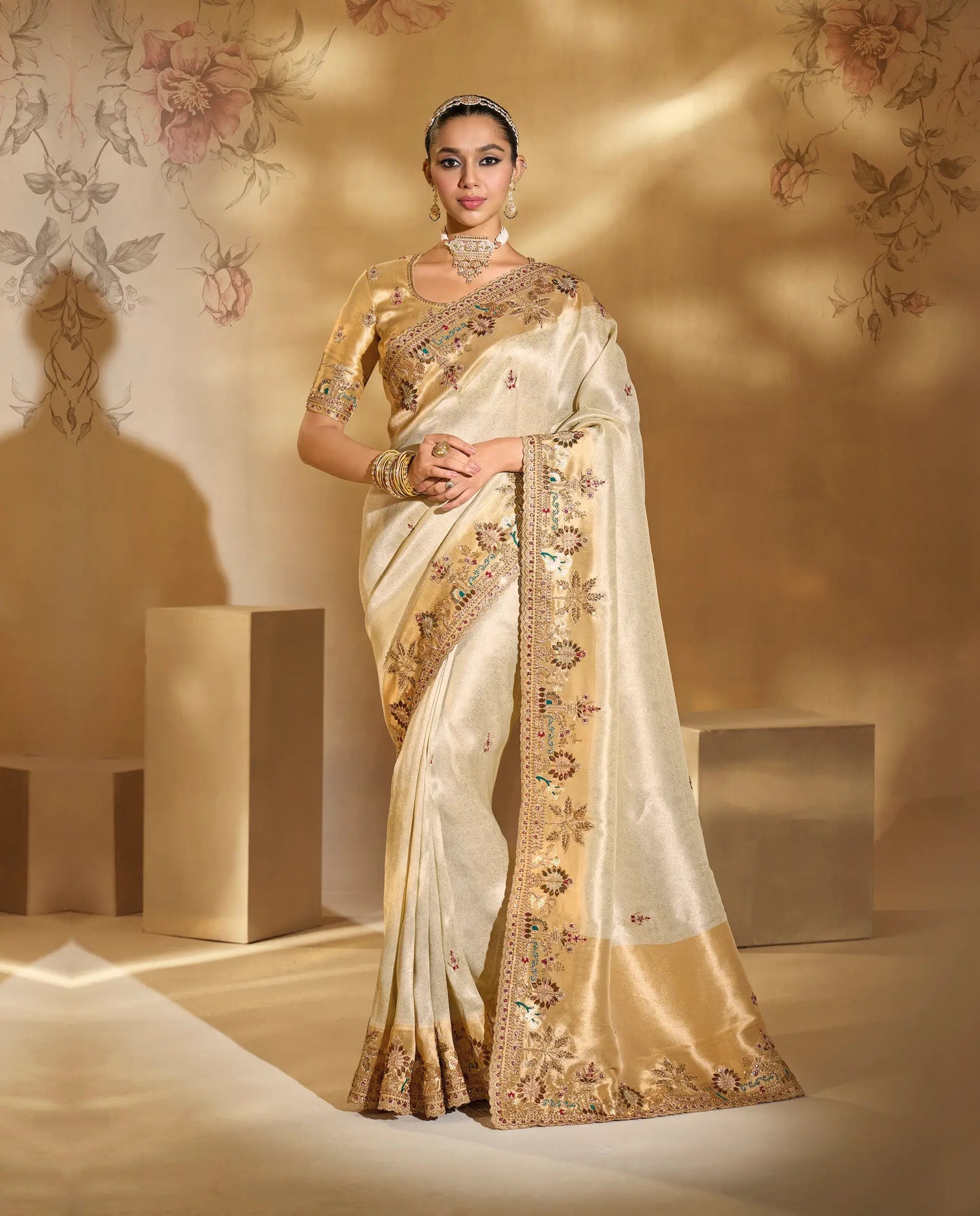 Almond Beige Silk Heavy Embroidery & Hand Work Saree