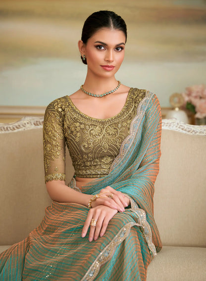 Golden Teal Pattern Georgette Embroidery Saree