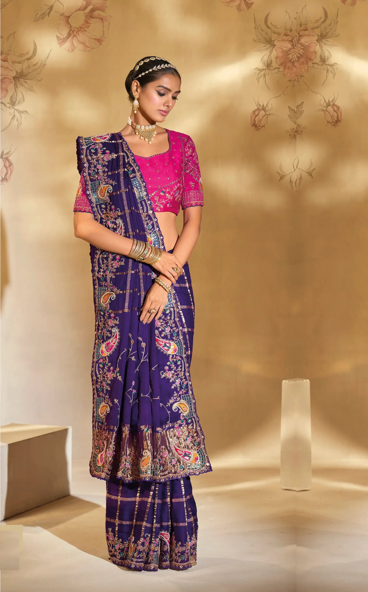 Purple Gaji Silk Heavy Embroidery & Hand Work Saree