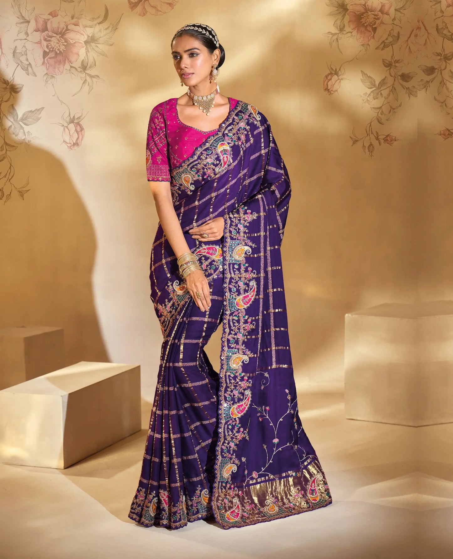 Purple Gaji Silk Heavy Embroidery & Hand Work Saree