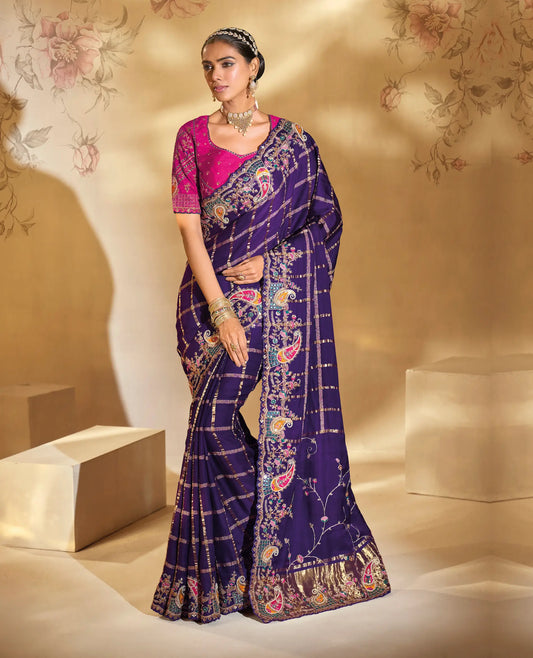 Purple Gaji Silk Heavy Embroidery & Hand Work Saree