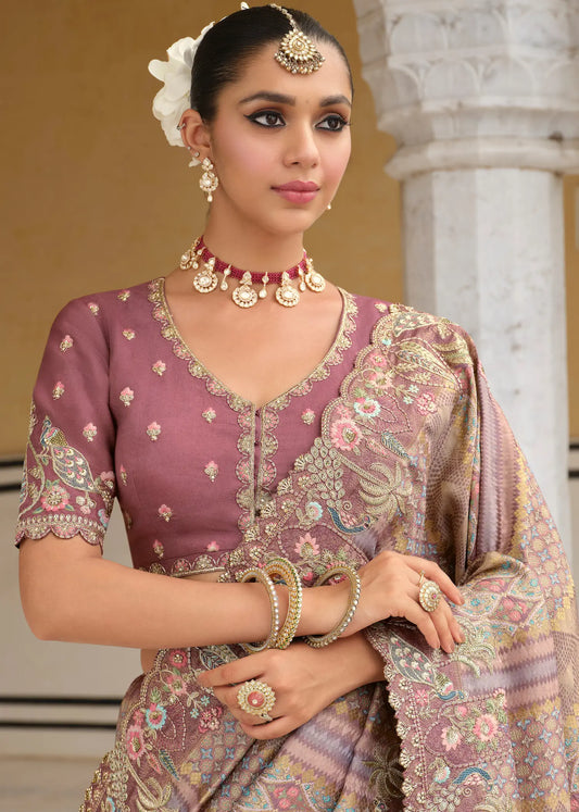 Dark Mauve Heavy Embroidery Zari Silk Saree