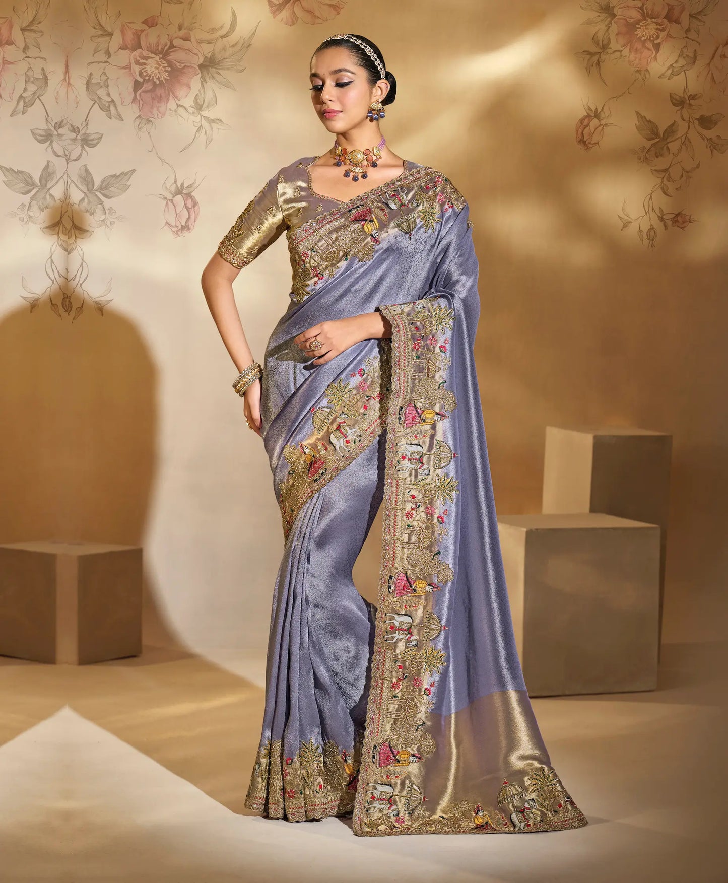 Lavender Silk Heavy Embroidery & Hand Work Saree