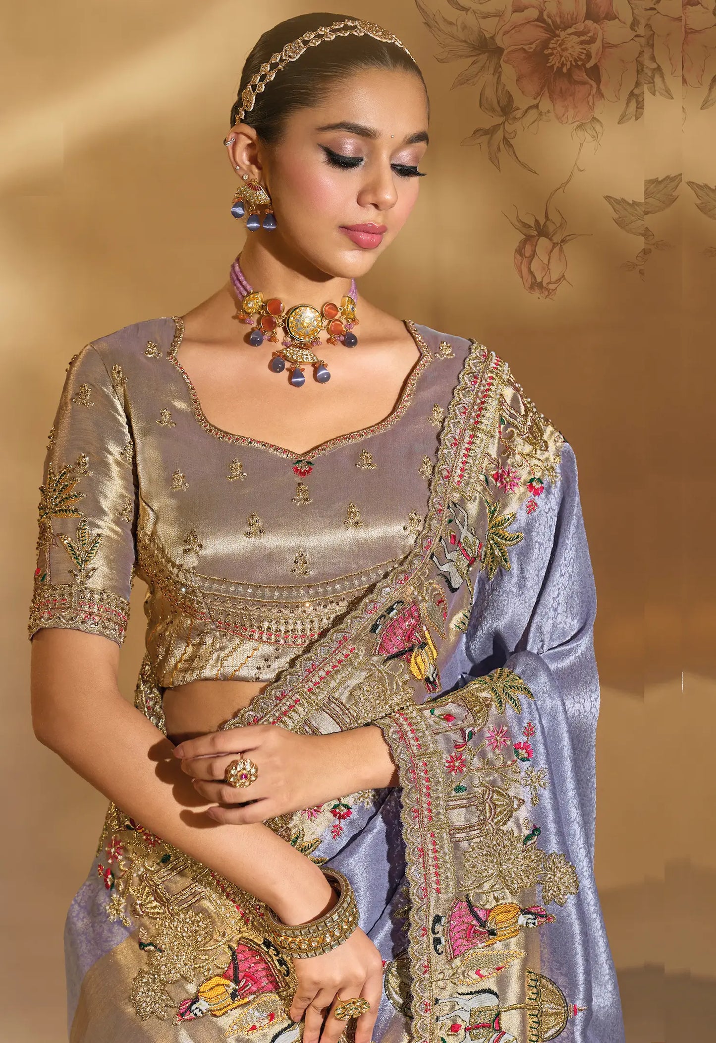 Lavender Silk Heavy Embroidery & Hand Work Saree