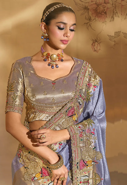 Lavender Silk Heavy Embroidery & Hand Work Saree