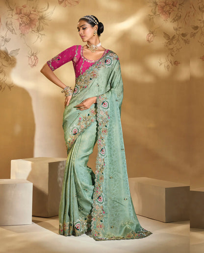 Sea Green Silk Heavy Embroidery & Hand Work Saree