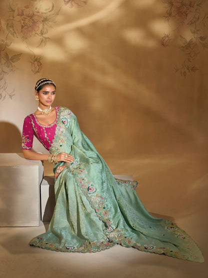 Sea Green Silk Heavy Embroidery & Hand Work Saree