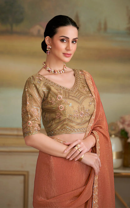 Sunrise Orange Golden Georgette Embroidery Saree