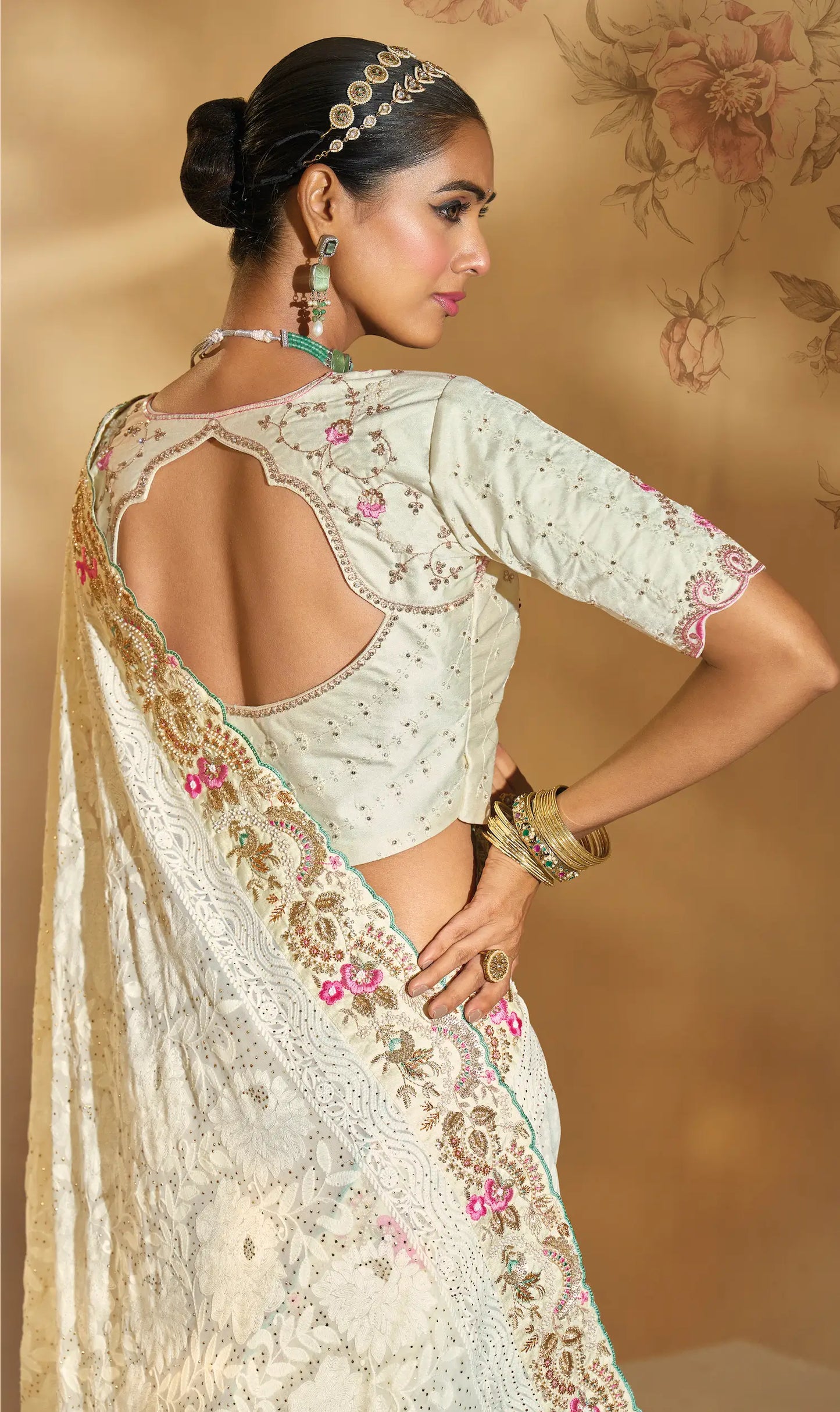 Off White Georgette Heavy Embroidery & Hand Work Saree