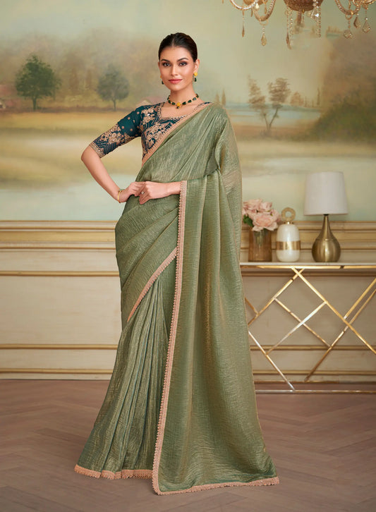 Pista Green Golden Georgette Embroidery Saree