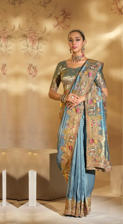 Teal Blue Silk Heavy Embroidery & Hand Work Saree